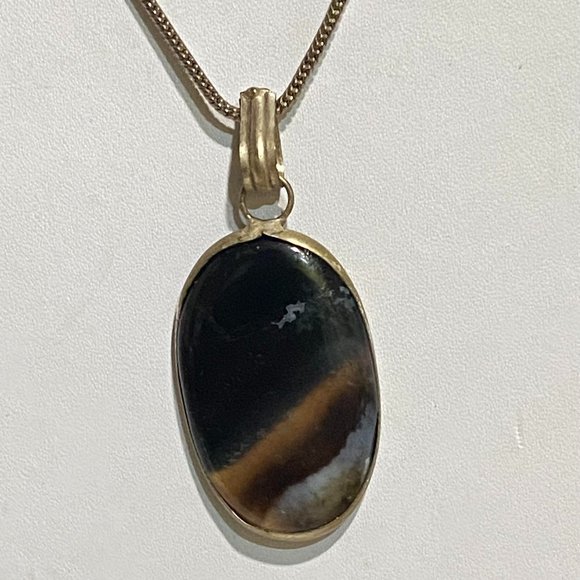 Handmade Natural Black Brown/Honey Agate Gemstone Pendant Necklace - Picture 1 of 4